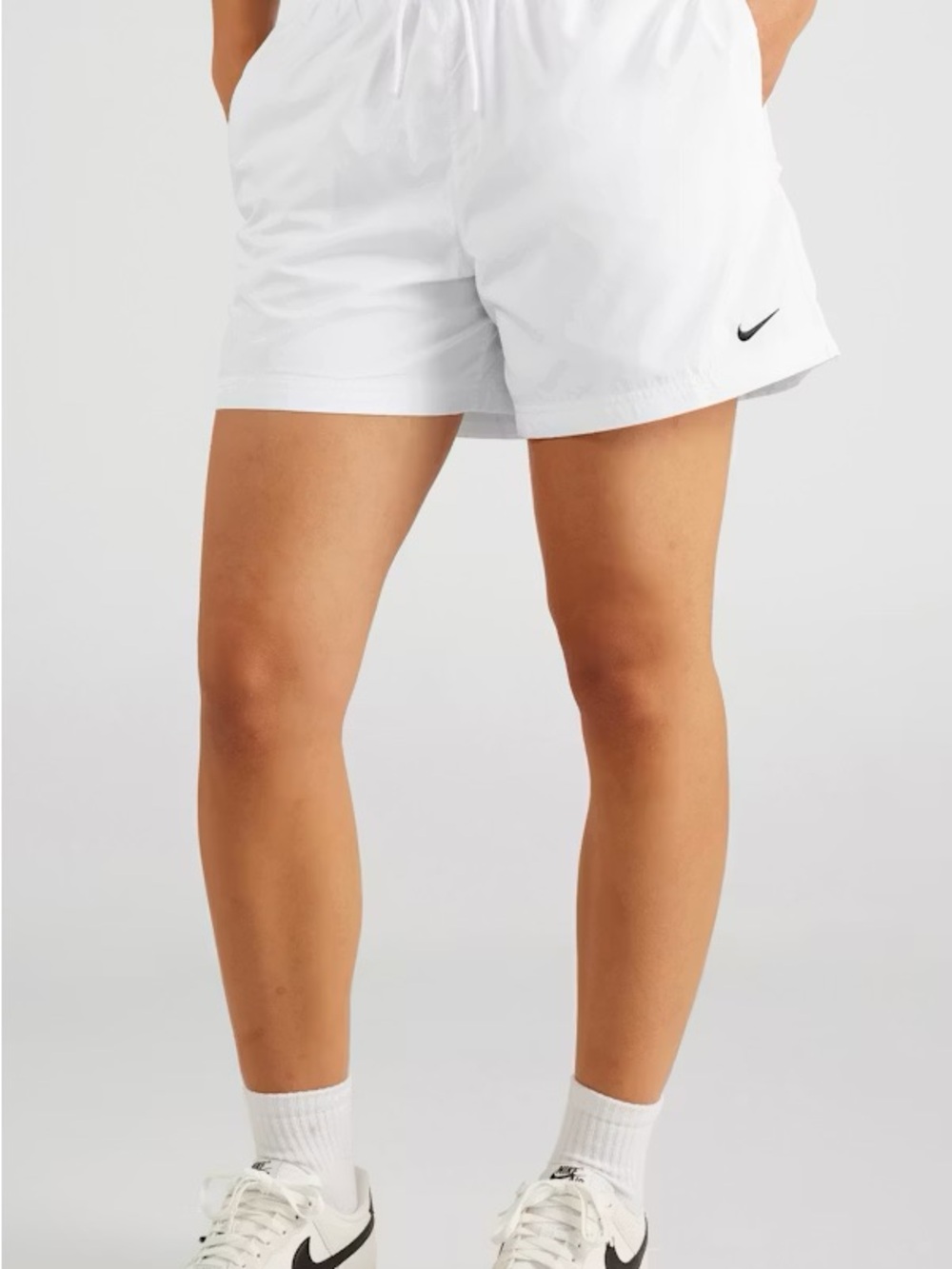 Nike Women's White Elastic-Waist Training Shorts with Black Swoosh